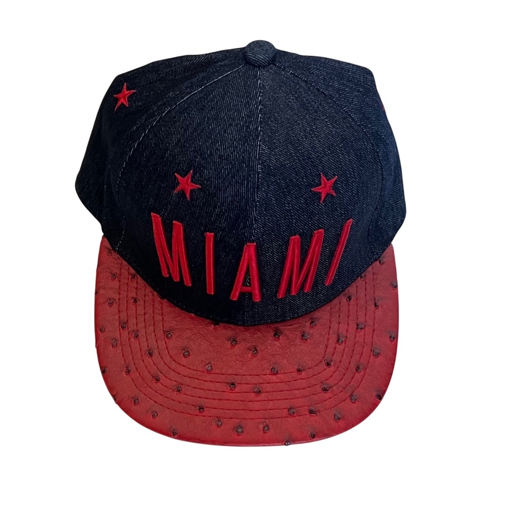 Miami Denim Snapback Hat Red Ostrich Leather Brim Collector's Edition‎ Red Stars